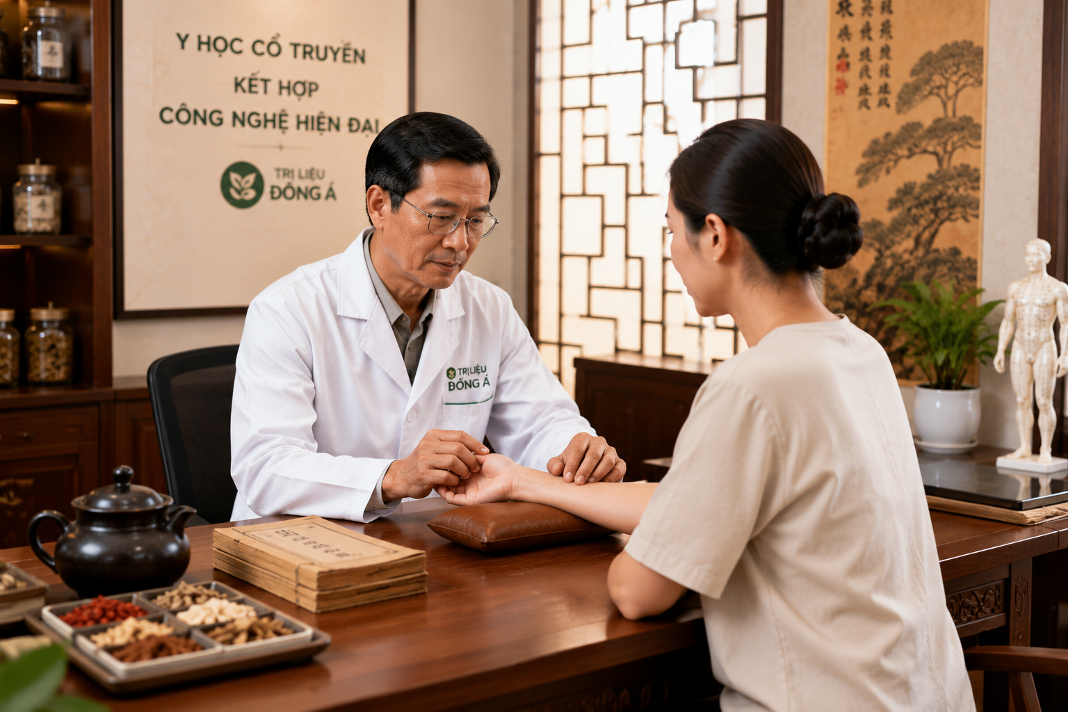 Bác sĩ YHCT bắt mạch cho bệnh nhân